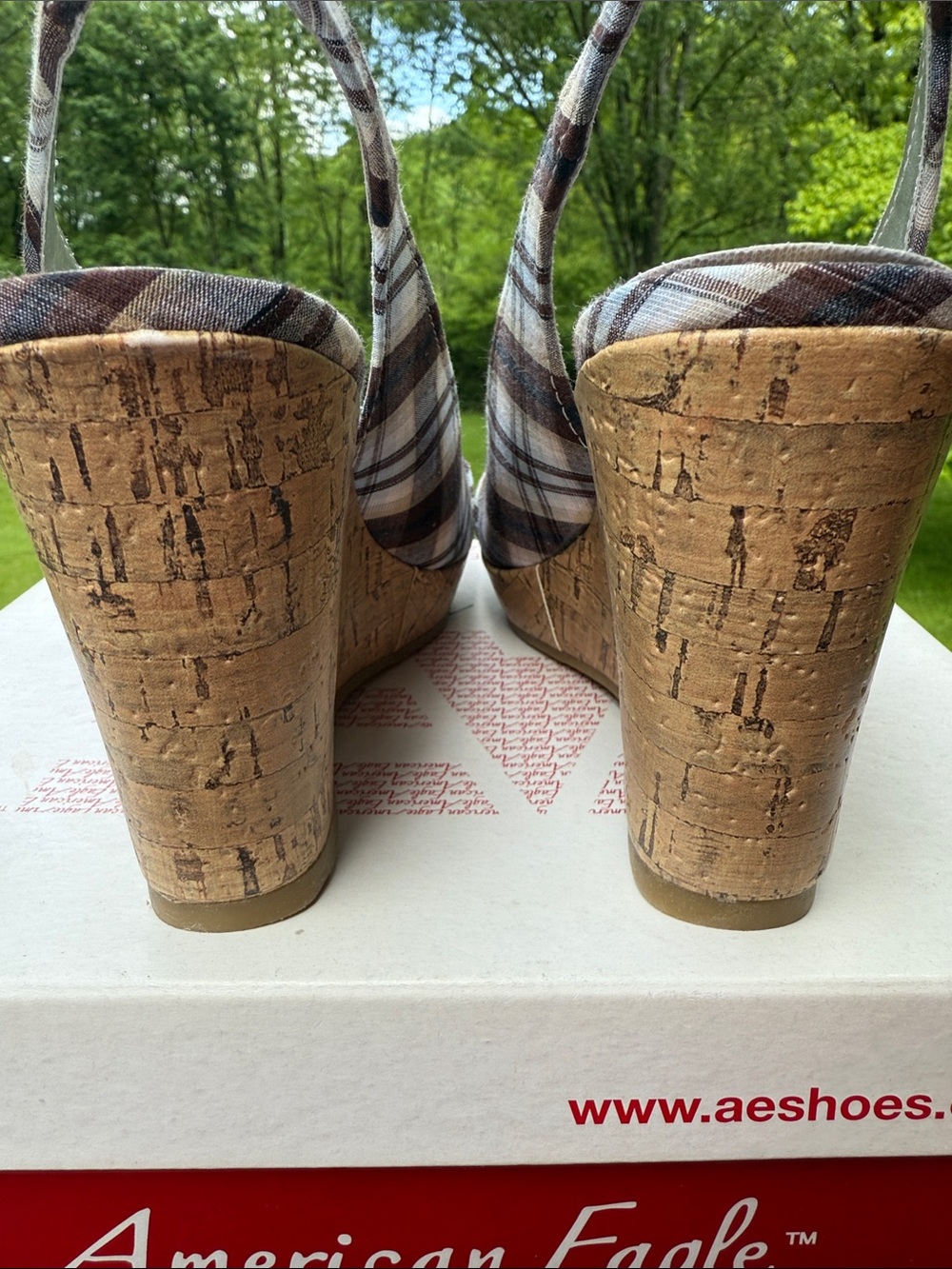 American Eagle Outfitters Brown Plaid Peep-Toe Slingback Wedge Sandals - Picture 11 of 14